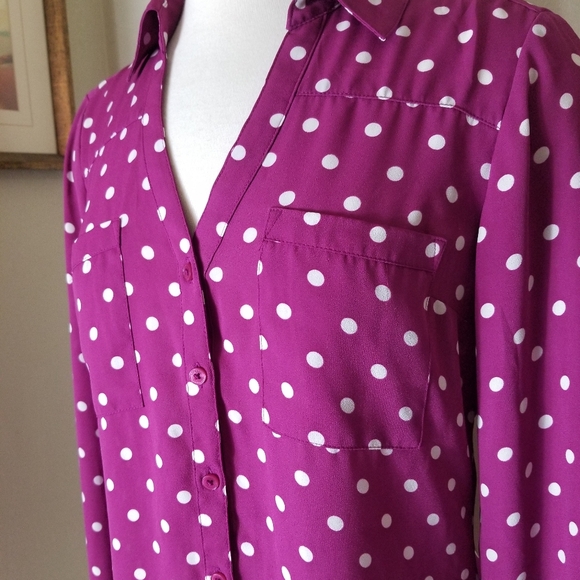 EXPRESS THE PORTOFINO SHIRT slim fit purple white polka dot long roll sleeve top - Picture 3 of 6